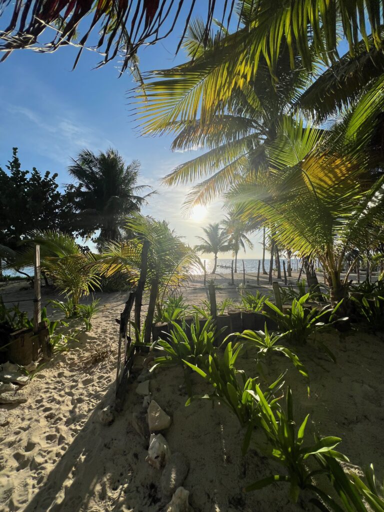 The Kay Fly Fishing Lodge looking out towards beach in Punta Allen, Mexico.