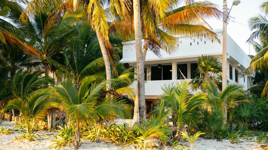 The Kay Fly Fishing Lodge looking out towards beach in Punta Allen, Mexico.