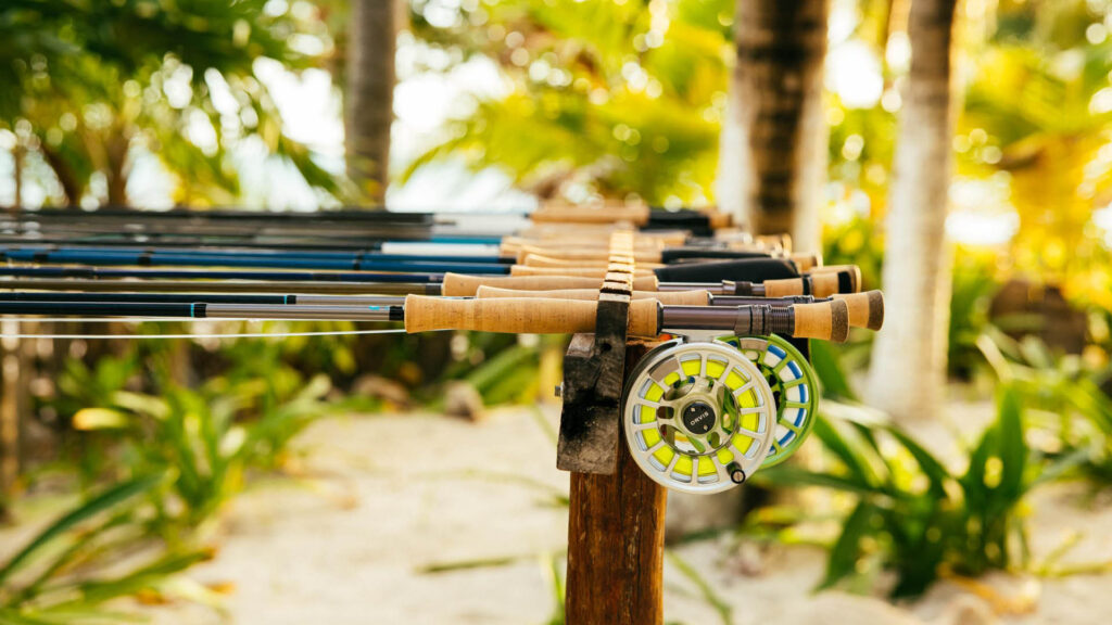 Fly fishing rods and reels setup on the beach at the Kay Fly Fishing Lodge in Punta Allen, Mexico