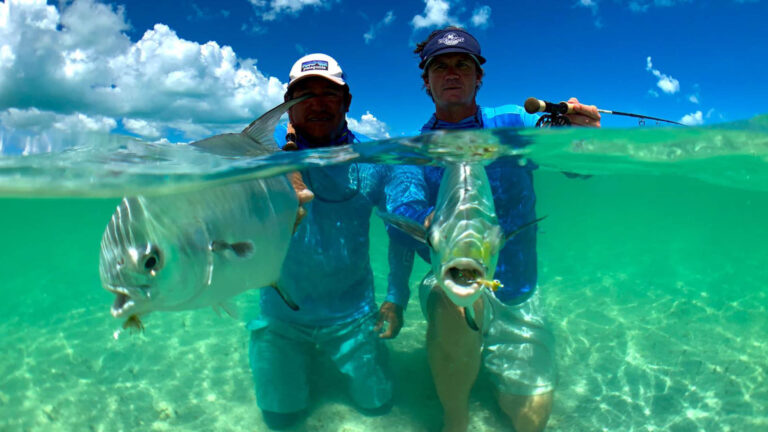 Two inshore fly fishermen catch permits in Ascension Bay, Mexico.